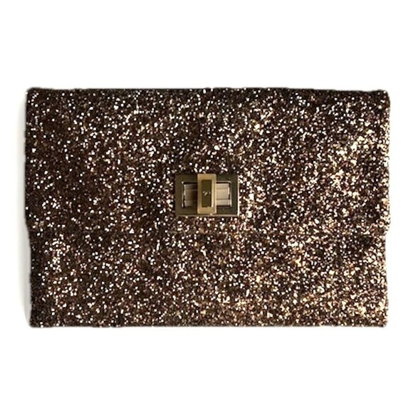 Anya Hindmarch Brown Glitter Clutch Leather Valorie Gold Turn Lock Handbag - Picture 1 of 17